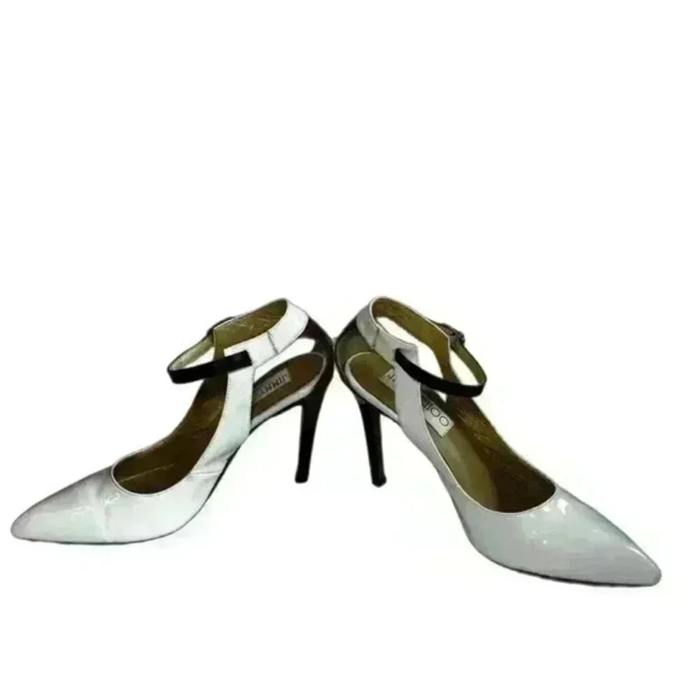 Jimmy Choo White Patent Leather w Black Ankle Strap Snakeskin Heel Pumps Size 39